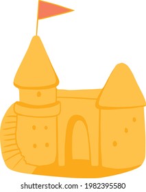 Vector de verano ilustración de castillo de arena con bandera roja playa niños del mar juegan en las vacaciones