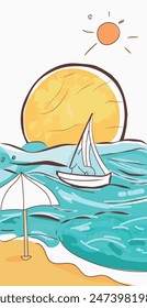 Vector summer illustration. Sea, sun, boat and umbrella. Drawn watercolor style. Summer wallpaper, label, banner.