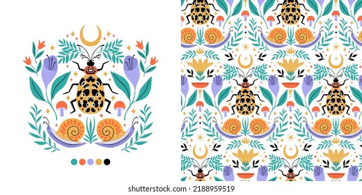 Vector summer illustration and seamless pattern with beetle flowers, moon, snail, mushrooms. Symmetry folk art style drawing. Isolated on background.