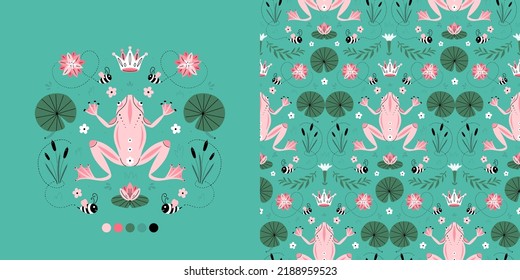 Vector Summer Illustration And Seamless Pattern  With Frog In The Lake, Bees, Reeds, Crown, Water Lily. Symmetry Folk Art Style Drawing. Isolated On Background.