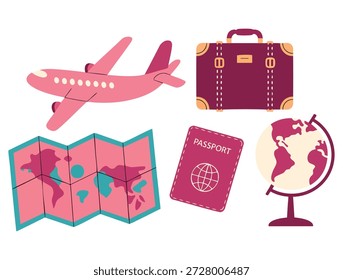 Conjunto de ilustración de verano de Vector de lindos iconos de viaje rosados con viajes y turismo de aventura Viajes al extranjero y viajes de vacaciones de verano conjunto que incluye boletos rosados Pasaporte de avión rosado y Globo