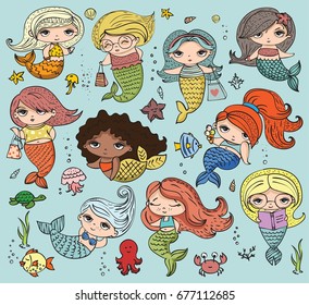 Vector summer illustration set with cute fashion girls mermaids under the sea and funny ocean animals and fishes