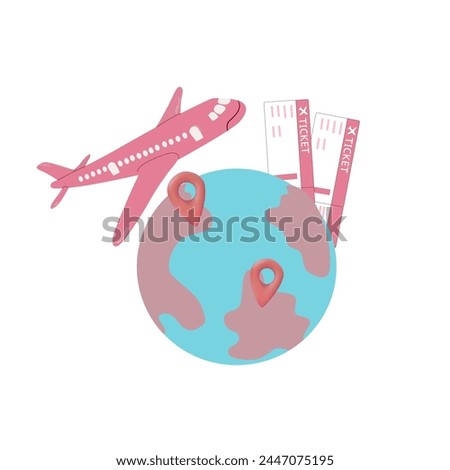 Vector summer illustration, set of cute pink travel icons, travel and adventure tourism, travel abroad, summer vacation trip set, pink tickets, pink airplane, passport, globe