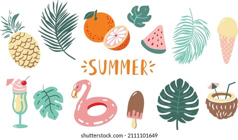 Vector summer illustration set. Monstera leaf, palm leaf, ice cream, ananas, drink, orange, watermelon, cocos, flamingo, cocktail, lettering. Flat clipart. Hawaii beach. Vacation