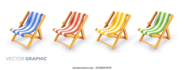 Ilustración de verano de Vector de conjunto de silla de playa rayada de diferente color con sombra sobre fondo blanco. Diseño de dibujos animados de estilo 3D de la tumbona plegable de madera del verano para la piscina para el Web, sitio, Anuncio