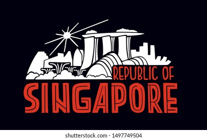 Vector summer illustration of Singapore. Flat, half round illustration with landscape of Singapore with isolated elements. Perfect for post, article, sticker, print for t shirts and cups