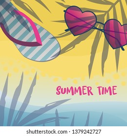 Vector summer illustration with sunglasses and flip flops on a beach. Volorful design. Yellow sand and blue water. Shadows of palm trees.