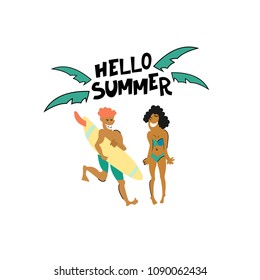 Vector summer illustration. Surf Man and girl on the beach. Cartoon characters.