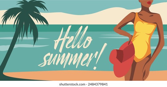 Ilustración de verano de Vector, turismo, vacaciones, Anuncio, hermosa mujer con un cuerpo tonificado en el fondo de la playa del océano sosteniendo un sombrero en sus manos, Hola postal de verano para las redes sociales, Web