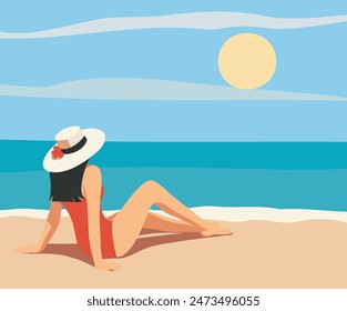 Ilustración de verano de Vector, turismo, mujer de vacaciones, chica tomando el sol en la playa, nadando en el mar, océano. Postal, Anuncio, Plantilla para redes sociales, Sitio web