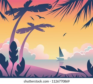 Vector summer illustration. Tropical beach landscape 
