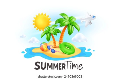 Vector summer illustration of tropical island with palm tree and ball on sunny sea beach background. 3d style cartoon design of summer holidays. Summer time with fly air plane for web, site, banner