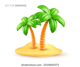 Vector summer illustration of tropical sand island with palm tree on white background. 3d style cartoon design of summer object for web, site, banner, menu, card