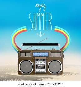 Vector summer illustration with vintage boom box, background