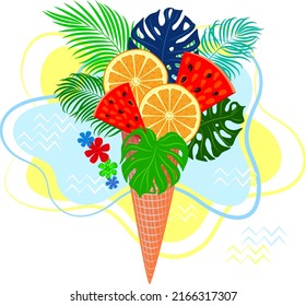 Vector summer illustration with waffle cup and summer concept elements, orange slices, watermelon, monstera leaves and palm leaves. Website banner for a travel agency or advertising