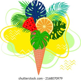 Vector summer illustration with waffle cup and summer concept elements. Website banner for a travel agency 