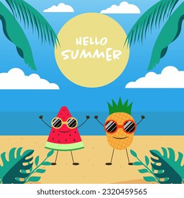 vector summer illustration with watermelon and pineapples