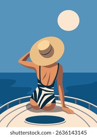 Vector summer illustration woman on vacation, wearing hat and swimsuit sitting on yacht, looking at sea and beach. Luxury and freedom. Illustration for vacation, travel, cruise and lifestyle themes