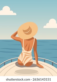 Vector summer illustration woman on vacation, wearing hat and swimsuit sitting on yacht, looking at sea and beach. Freedom and luxury. Illustration for vacation, travel, cruise and lifestyle themes