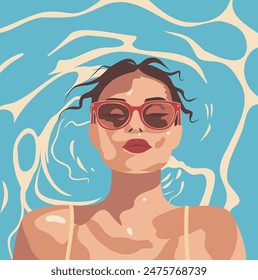 Vector verano ilustración mujer nadando posando con gafas en la piscina en vacaciones, postal, Anuncio para redes sociales y medios de comunicación