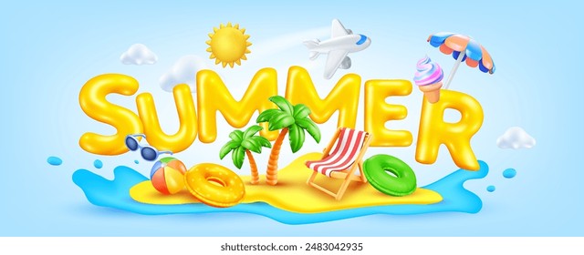 Vector summer illustration of word summer with beach chair and palm tree on sea beach background with umbrella and air plane. 3d style cartoon design of summer holidays. Time to vacation travel