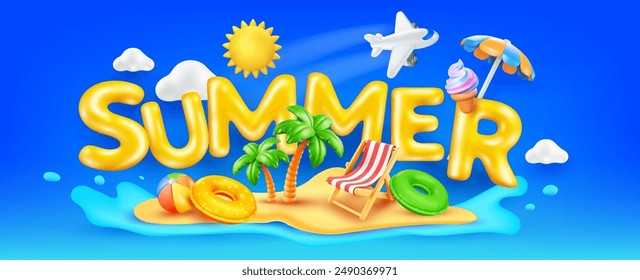 Ilustración de verano de Vector de la palabra verano con la palmera y la silla de playa en el fondo de la playa del mar con el avión y la sombrilla. Diseño de dibujos animados de estilo 3d de vacaciones de verano. Tiempo para viajar de vacaciones