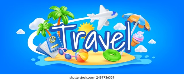 Vector summer illustration of word travel with palm tree on sea beach island background with air plane and umbrella. 3d style cartoon design of summer holidays. Time to vacation travel with sun