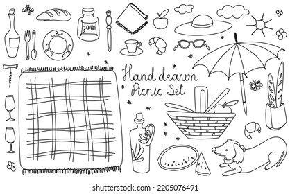 Vector summer illustrations and design element - a simple and doodle set of objects and monochrome symbols for a picnic.