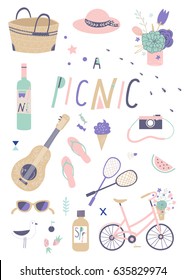 Vector summer illustrations and design element - simple and bright set of picnic objects and symbols