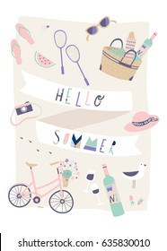 Vector summer illustrations and design element - simple and bright set of picnic objects and symbols