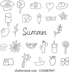 
Vector summer illustrations drawn by hand. Summer vacation concept. One line illustration set. Black and white icons.