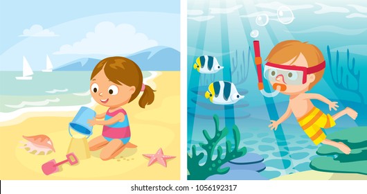 Vector summer illustrations with kids