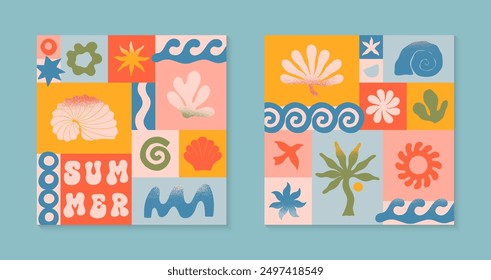 Vektor Sommer Illustrationen mit Natur organische Formen, doodles.Groovy Boho Palme, Strand, Surf, Wellen, Sonne, Muscheln grafische Symbole und Elemente.Sommerurlaub Hintergründe in einfachen lustigen Stil.