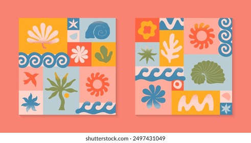 Vector summer illustrations with nature organic shapes,doodles.Groovy boho palm,beach,surf,waves,sun,seashells graphic symbols and elements.Summer vacation backgrounds in simple funny style.