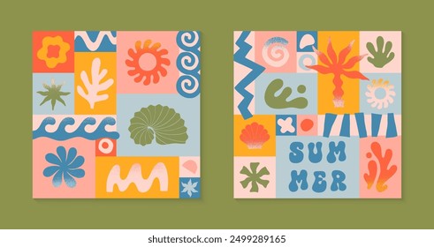 Vector summer illustrations with nature organic shapes,doodles.Groovy boho palm,beach,surf,waves,sun,seashells graphic symbols and elements.Summer vacation backgrounds in simple funny style.