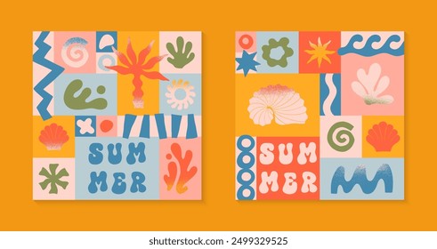 Vector summer illustrations with nature organic shapes,doodles.Groovy boho palm,beach,surf,waves,sun,seashells graphic symbols and elements.Summer vacation backgrounds in simple funny style.