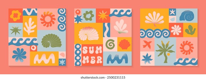 Vector summer illustrations with nature organic shapes,doodles.Groovy boho palm,beach,surf,waves,sun,seashells graphic symbols and elements.Summer vacation backgrounds in simple funny style.