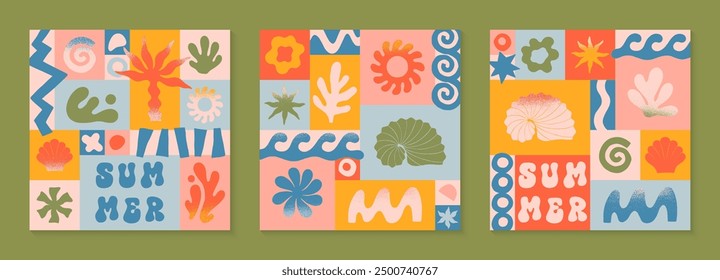 Vector summer illustrations with nature organic shapes,doodles.Groovy boho palm,beach,surf,waves,sun,seashells graphic symbols and elements.Summer vacation backgrounds in simple funny style.