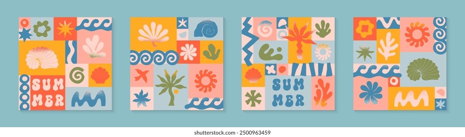 Vector summer illustrations with nature organic shapes,doodles.Groovy boho palm,beach,surf,waves,sun,seashells graphic symbols and elements.Summer vacation backgrounds in simple funny style.