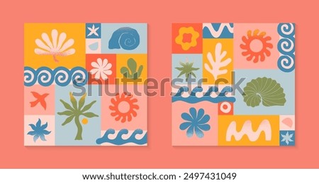 Vector summer illustrations with nature organic shapes,doodles.Groovy boho palm,beach,surf,waves,sun,seashells graphic symbols and elements.Summer vacation backgrounds in simple funny style.