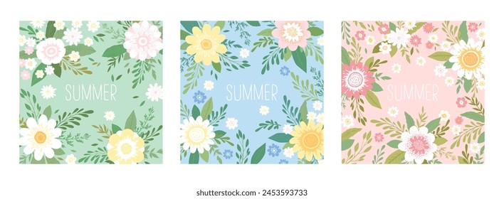 Vector summer illustrations set with colorful hand drawn flowers isolated on white background. Floral design templates for poster, card print, invitation, banner, social media post