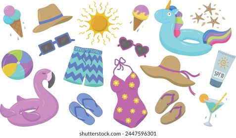 Vector summer illustrations, swimsuit, shorts, flip-flops, swimming circles, ball, sunglasses, ice cream, etc., hand-drawn. Suitable for website, postcard, poster, cover, sticker set. Vector