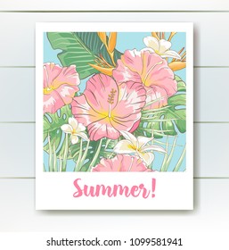 Vector summer invitation with hibiscus flowers and palm leaves for wedding, marriage, bridal, birthday, Valentine s day. Floral border with sketch colorful blossoms. Frame with hand drawn flowers