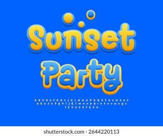 Vector Summer invitation Sunset Party. Funny Yellow Font. Cute Playful Alphabet Letters and Numbers set.
