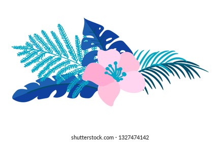 Vector summer isolated flat flower bouquet tropical palm monstera on isolated white background. Scandinavian hand drawn nature illustration wedding or travel design. For greeting card, print, tag, etc