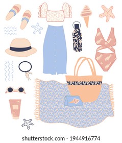  Vector summer items. Women's beach essentials. Summer сlothes,  bag, glasses, hat, sun cream, bottle, beach mat, cosmetic bag, swimsuit,  flip flops. Flat style