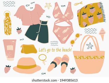 Vector summer items. Women's beach elements. Summer сlothes,  bag, glasses, hat, sun cream, bottle, beach mat, cosmetic bag, swimsuit,  flip flops. Flat style