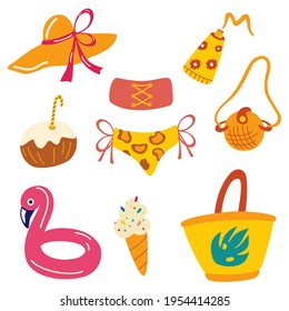 Vector summer items. Women's beach elements. Summer сlothes, bag, hat, sun cream, cosmetic bag, swimsuit, ice cream, inflatable circle. Flat illustration.