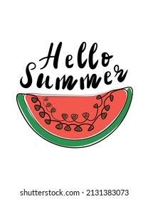 Vector summer juicy watermelon isolated on white background. Lettering hello summer. Colored lineart for your design.