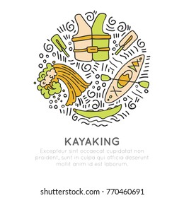 Vector summer kayaking icon set, hand draw style with decorations in round form. Doodling of kayak boat, top and front view, life vest, wave, kayak equipment. Vector sketch water illustration of